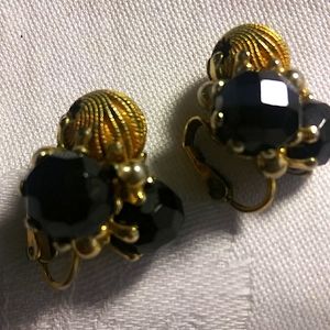 Vogue signed black bead gold tone ball clip on earrings